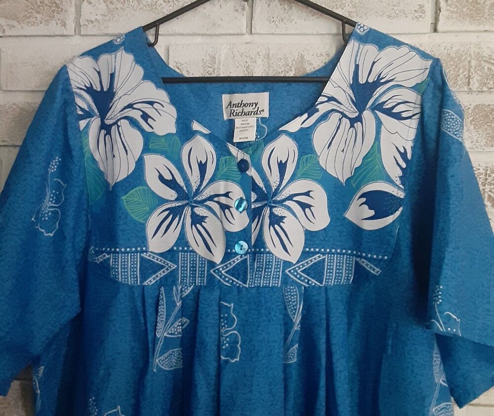 Vintage Anthony Richards Day Dress sz L Lounge Tropical Floral Blue